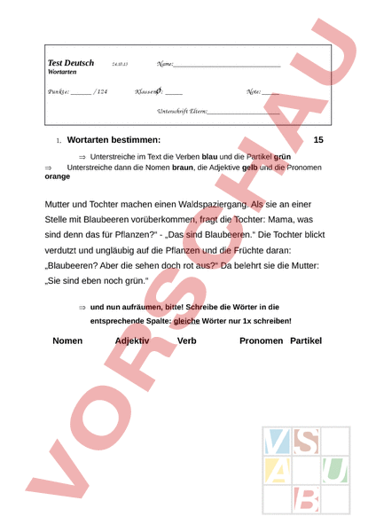 Arbeitsblatt: Wortarten Test - Deutsch - Grammatik