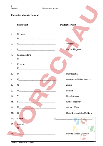 Arbeitsblatt: Vom Fremdwort zur deutschen Übersetzung: Nomen - Deutsch - Wortschatz