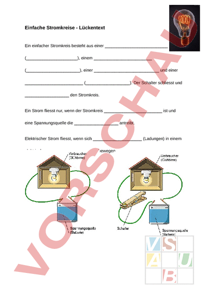 Arbeitsblatt: Einfacher Stromkreis Lückentext - Physik - Elektrizität /  Magnetismus