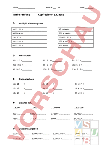 Arbeitsblatt: Kopfrechnen 5. Klasse - Mathematik - Gemischte Themen