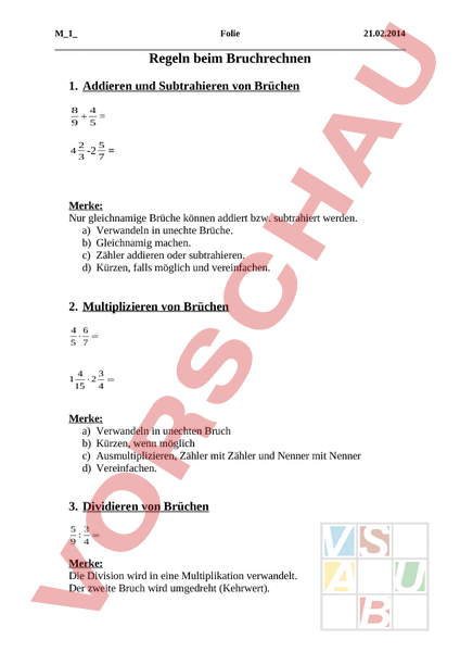 Arbeitsblatt: Regeln beim Bruchrechnen - Mathematik - Brüche ...