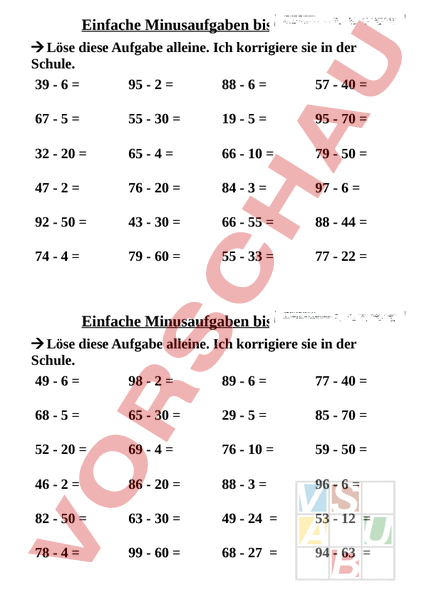 Arbeitsblatt: Mathi Minus bis 100 - Mathematik - Algebra