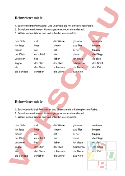 Arbeitsblatt: Reimwörter mit ie - Deutsch - Rechtschreibung
