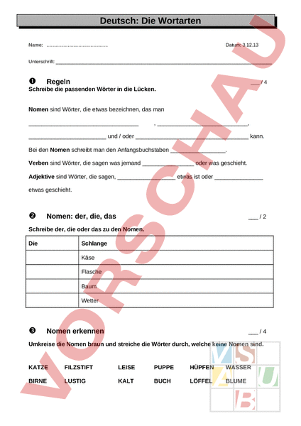 Arbeitsblatt: Test Wortarten Sprachstarken 2 - Deutsch - Grammatik