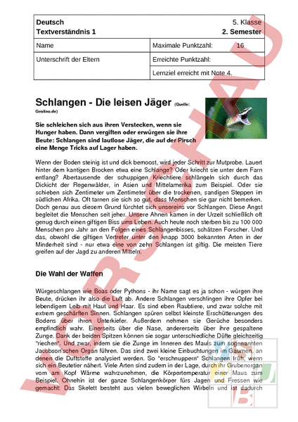 Arbeitsblatt: Textverständnis - Deutsch - Textverständnis