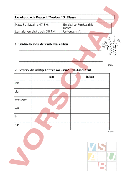 Arbeitsblatt: Verbenprüfung 3. Klasse - Deutsch - Grammatik
