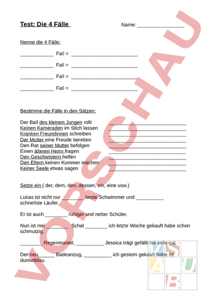 Arbeitsblatt: Test die 4 Fälle - Deutsch - Grammatik