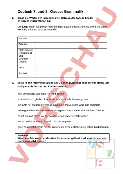 Arbeitsblatt: Grammatik 8. SJ - Deutsch - Grammatik
