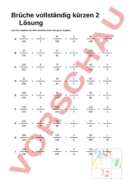 Arbeitsblatt: Brüche kürzen 2 - Mathematik - Brüche / Dezimalzahlen