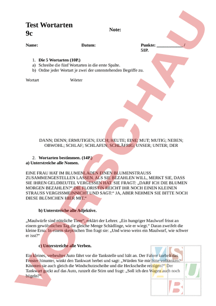 Arbeitsblatt: Test Wortarten - Deutsch - Grammatik
