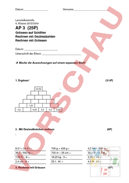 Arbeitsblatt: Mathe - Mathematik - Sachrechnen / Grössen