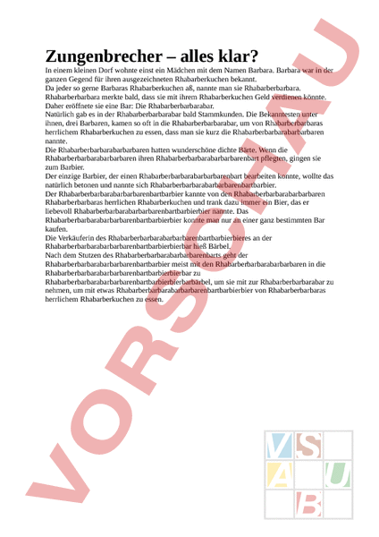 Arbeitsblatt: Zungebrecher - Deutsch - Lesefertigkeit