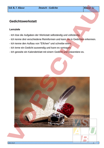 Arbeitsblatt: Gedichtwerkstatt - Deutsch - Leseförderung / Literatur