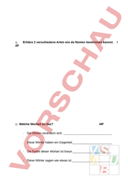 Arbeitsblatt: Test Wortarten - Deutsch - Grammatik