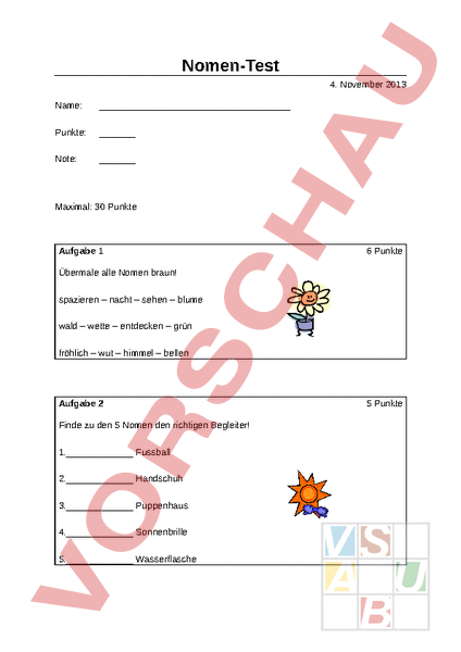 Arbeitsblatt: Nomen-Test 2./3. Klasse - Deutsch - Grammatik