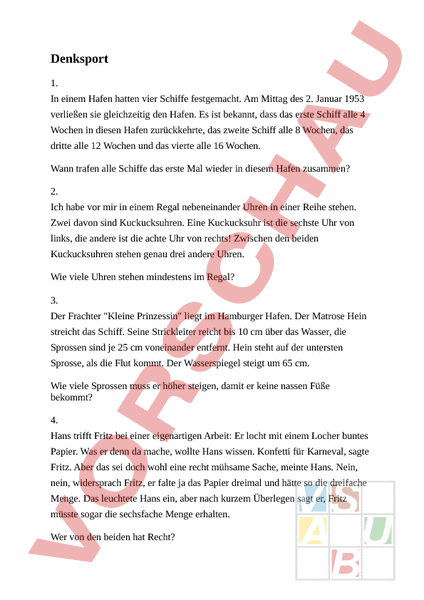 Arbeitsblatt: Denksport - Mathematik - Gemischte Themen