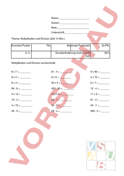 Arbeitsblatt: Kurztest Multiplikation und Division ...