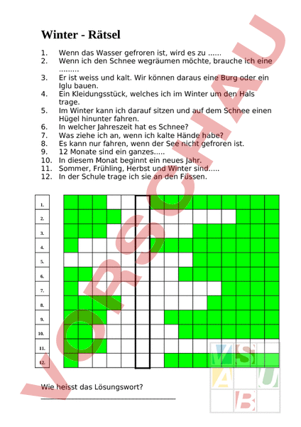 Arbeitsblatt Kreuzworträtsel Winter Deutsch Wortschatz