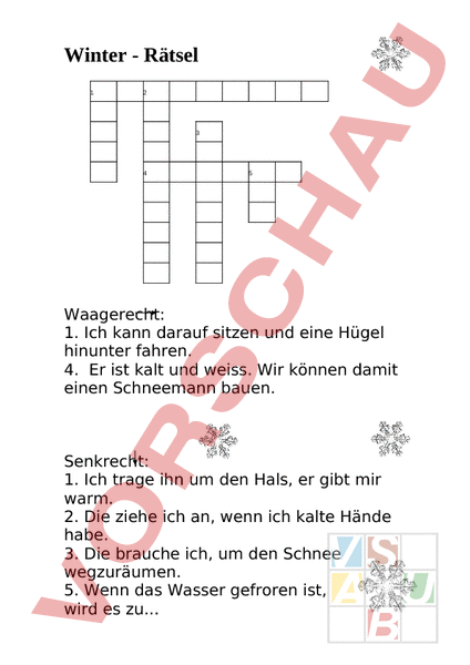 Arbeitsblatt Kreuzworträtsel Winter Deutsch Wortschatz
