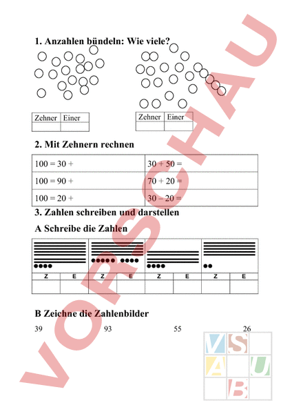 Arbeitsblatt: Zahlenraum bis 100 Test - Mathematik - Addition