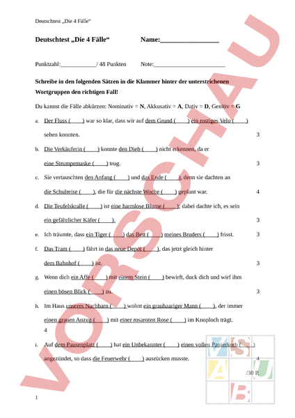 Arbeitsblatt: Deutschtest zu den 4 Fällen - Deutsch - Grammatik