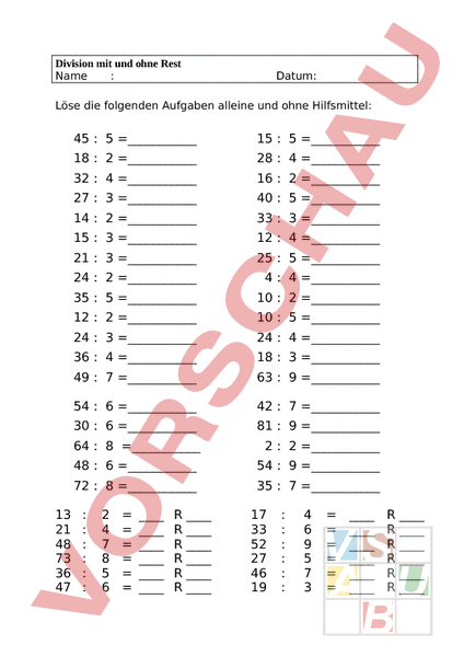 Arbeitsblatt: Division mit/ohne Rest - Mathematik - Division