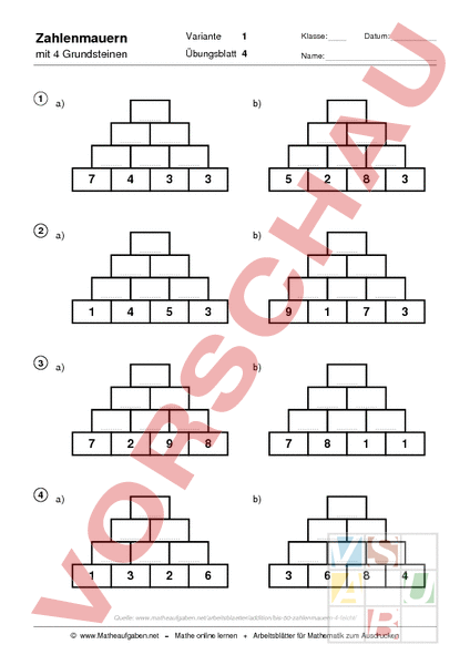 Arbeitsblatt: Zahlenmauer - Mathematik - Addition