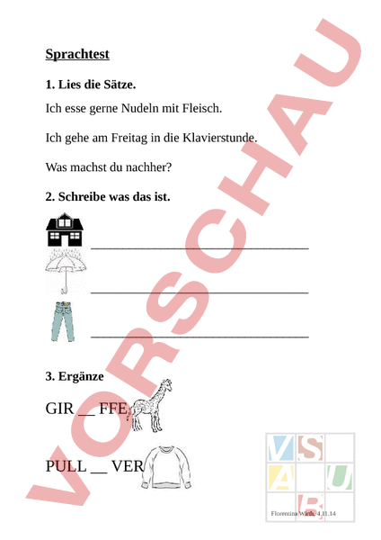 Arbeitsblatt: Sprachtest - Deutsch - Erstlesen
