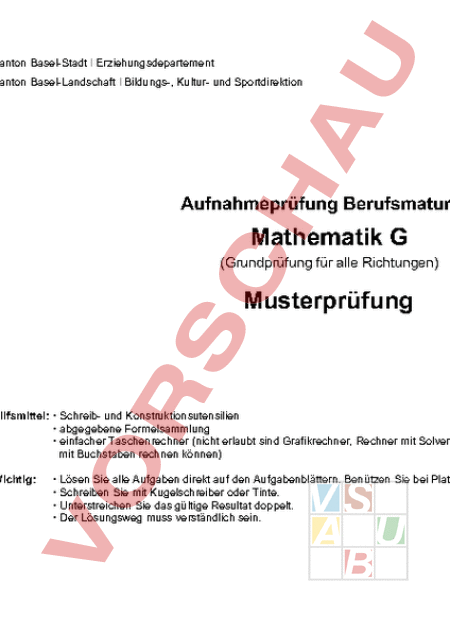 Arbeitsblatt: Aufnahmeprüfung - Mathematik - Gemischte Themen