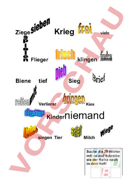 Arbeitsblatt: ie Wörter suchen - Deutsch - Rechtschreibung