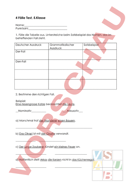 Arbeitsblatt: 4 Fälle Test - Deutsch - Grammatik