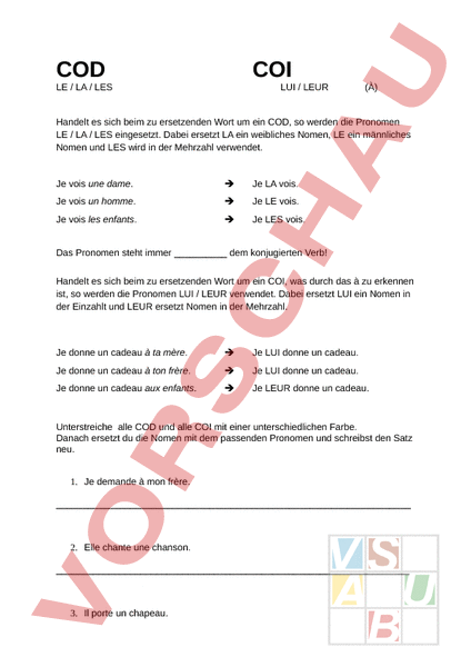 Arbeitsblatt: COD und COI Theorie - Französisch - Grammatik
