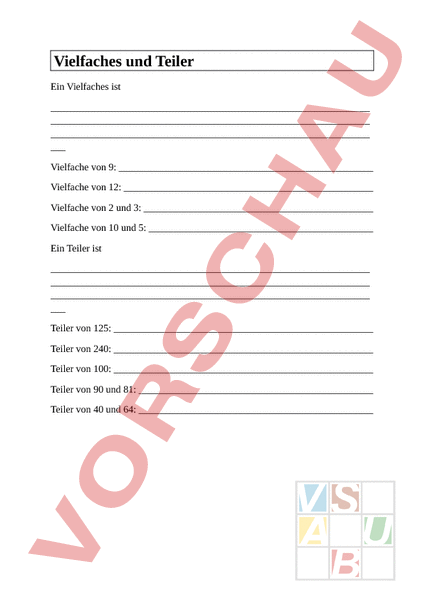 Arbeitsblatt: Vielfaches und Teiler - Mathematik - Algebra