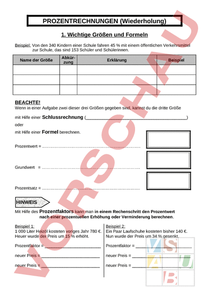 Arbeitsblatt: Prozentrechnen Wiederholung - Mathematik ...