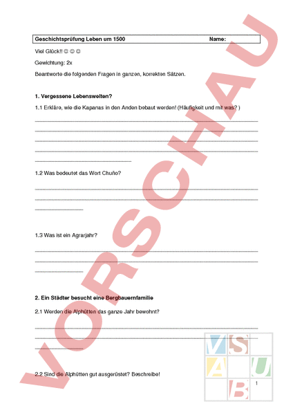 Arbeitsblatt: Prüfung Leben um 1500 - Geschichte - Mittelalter