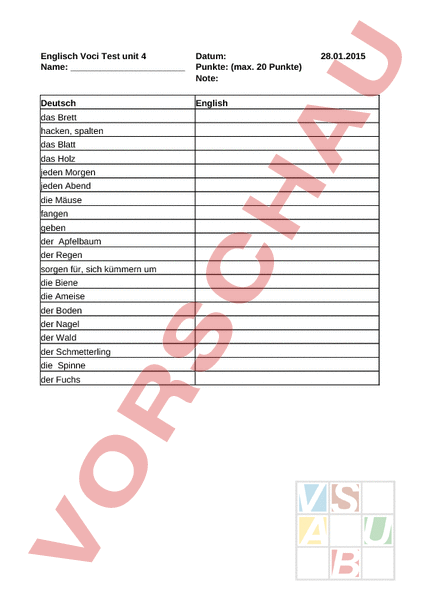 Arbeitsblatt Englisch Voci Test Unit 4 Englisch Rechtschreibung