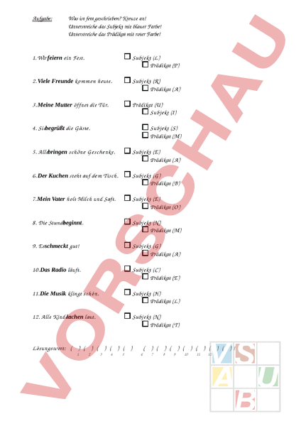 Arbeitsblatt: Satzglieder Subjekt/Prädikat bestimmen - Deutsch - Grammatik