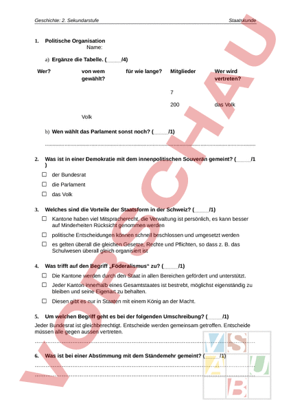 Arbeitsblatt: Test Staatskunde - Geschichte - Politik