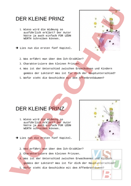 Arbeitsblatt: Der kleine Prinz 1-5 - Deutsch - Textverständnis