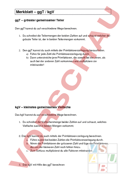 Arbeitsblatt: Merkblatt ggT kgV - Mathematik - Gemischte Themen