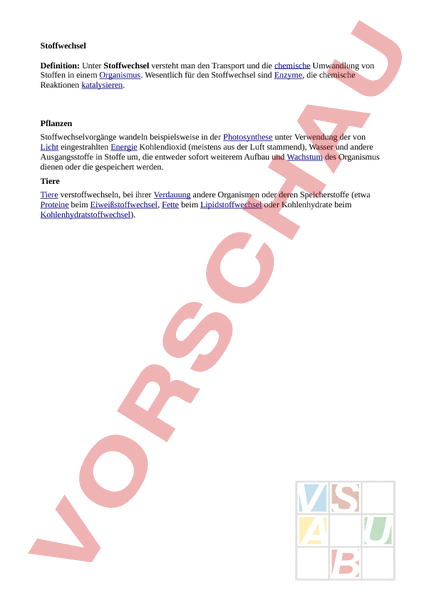 Arbeitsblatt: Stoffwechsel - Biologie - Gemischte Themen