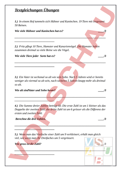 Arbeitsblatt: Textgleichungen - Mathematik - Gleichungen / Ungleichungen