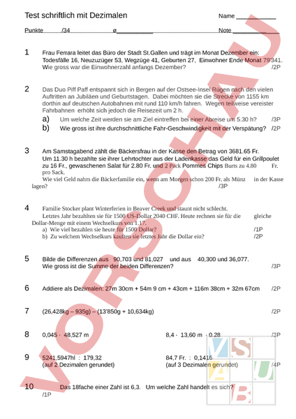 Arbeitsblatt: Test Dezimalen schriftlich - Mathematik - Sachrechnen