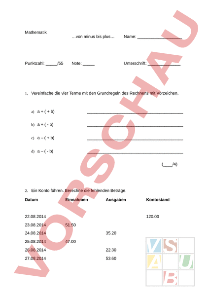 Arbeitsblatt: Von Minus bis Plus - Mathematik - Algebra