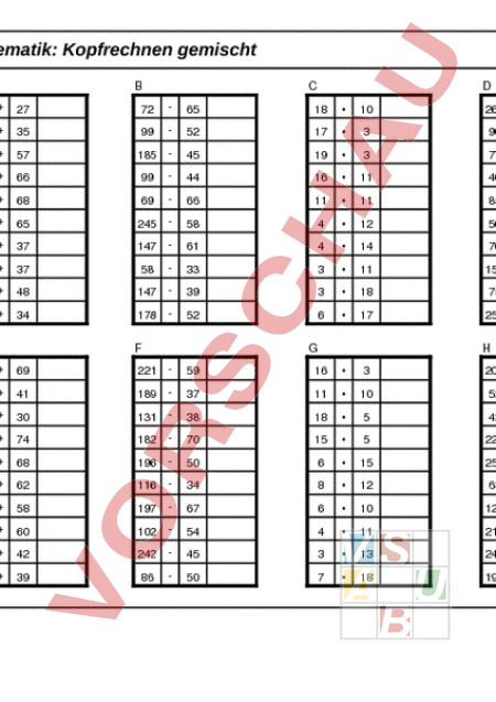 Arbeitsblatt: Mathematik Kopfrechnen - Mathematik - Repetition