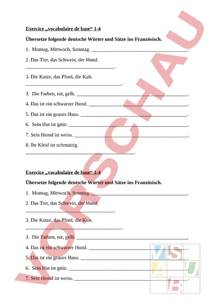 Arbeitsblatt: Kurztest Vocabulaire de base - Englisch - Wortschatz