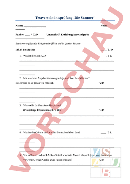 Die Scanner Unterrichtsmaterial
 Arbeitsblatt Prüfung Textverständnis Die Scanner Deutsch