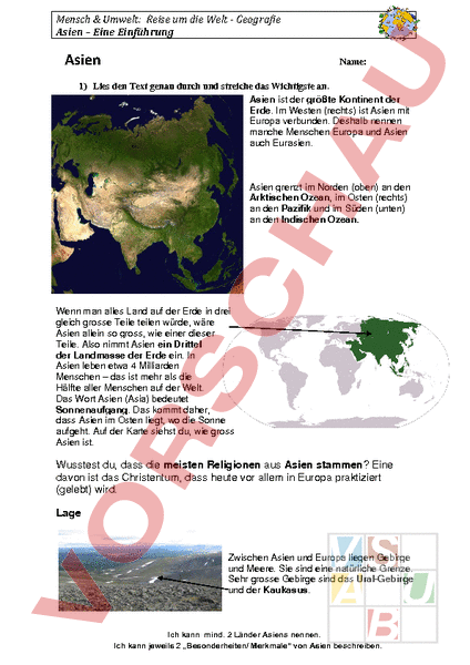 Arbeitsblatt: Asien - Geographie - Asien