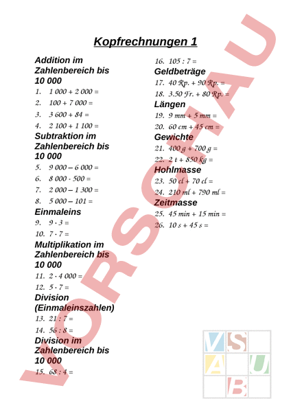 Arbeitsblatt: Kopfrechnen 4. Klasse - Mathematik - Gemischte Themen