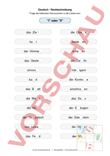 Arbeitsblatt: Doppelkonsonanten l ll - Deutsch - Grammatik